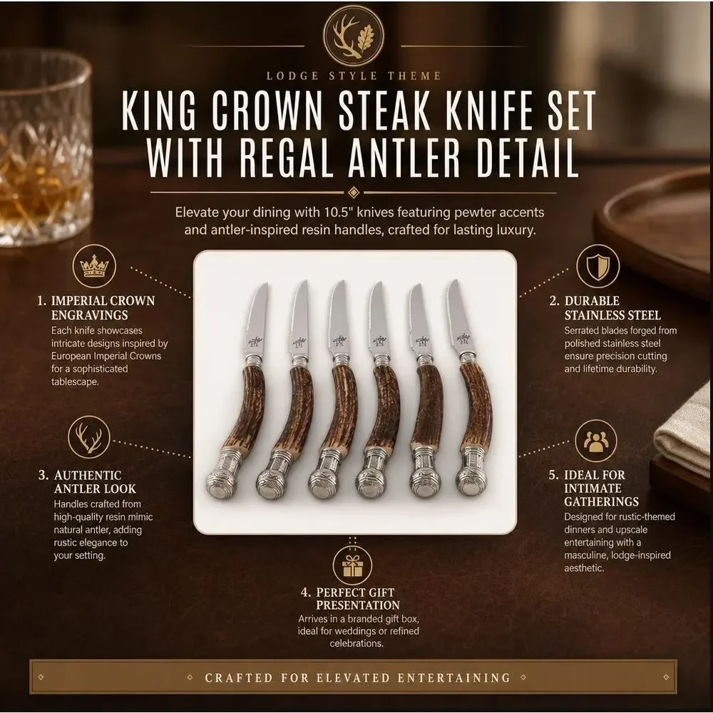 Vagabond House King Crown Steak Knife Set of 6 with Regal Antler Detail EUC